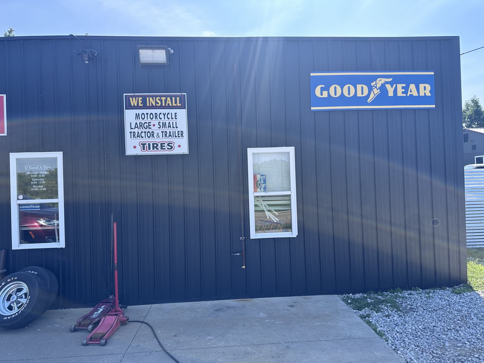 Goodyear dealer sign on the U Need A Tire building in Akron, Ohio